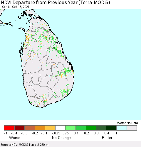 Sri Lanka NDVI Departure from Previous Year (Terra-MODIS) Thematic Map For 10/8/2021 - 10/15/2021