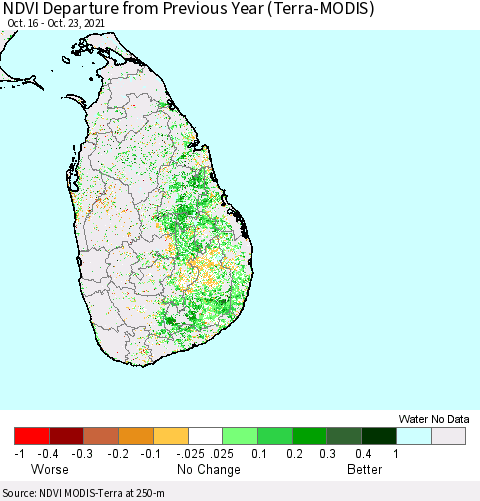 Sri Lanka NDVI Departure from Previous Year (Terra-MODIS) Thematic Map For 10/16/2021 - 10/23/2021