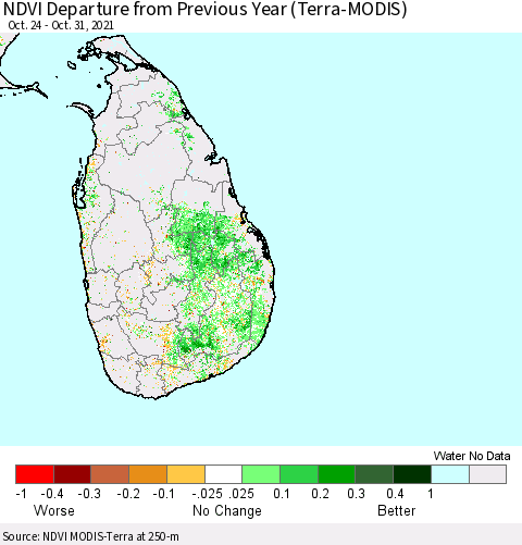 Sri Lanka NDVI Departure from Previous Year (Terra-MODIS) Thematic Map For 10/24/2021 - 10/31/2021