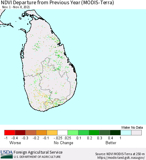 Sri Lanka NDVI Departure from Previous Year (Terra-MODIS) Thematic Map For 11/1/2021 - 11/10/2021