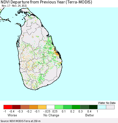 Sri Lanka NDVI Departure from Previous Year (Terra-MODIS) Thematic Map For 11/17/2021 - 11/24/2021