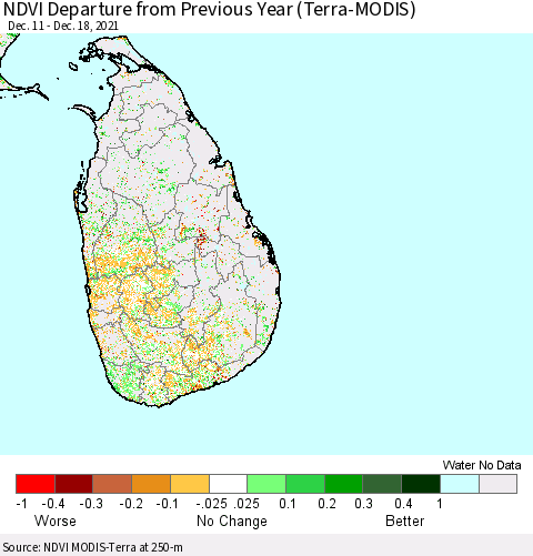 Sri Lanka NDVI Departure from Previous Year (Terra-MODIS) Thematic Map For 12/11/2021 - 12/18/2021