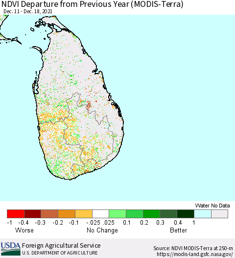 Sri Lanka NDVI Departure from Previous Year (MODIS-Terra) Thematic Map For 12/11/2021 - 12/20/2021