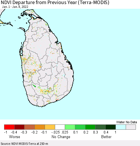 Sri Lanka NDVI Departure from Previous Year (Terra-MODIS) Thematic Map For 1/1/2022 - 1/8/2022