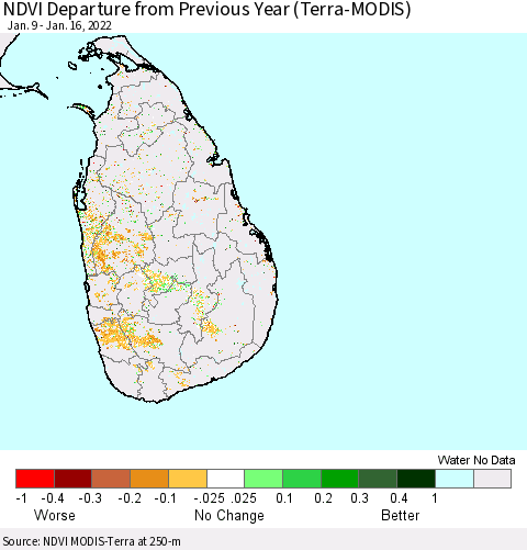 Sri Lanka NDVI Departure from Previous Year (Terra-MODIS) Thematic Map For 1/9/2022 - 1/16/2022