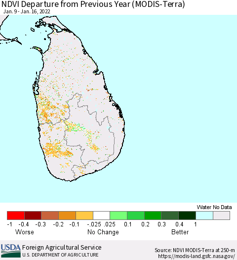 Sri Lanka NDVI Departure from Previous Year (Terra-MODIS) Thematic Map For 1/11/2022 - 1/20/2022