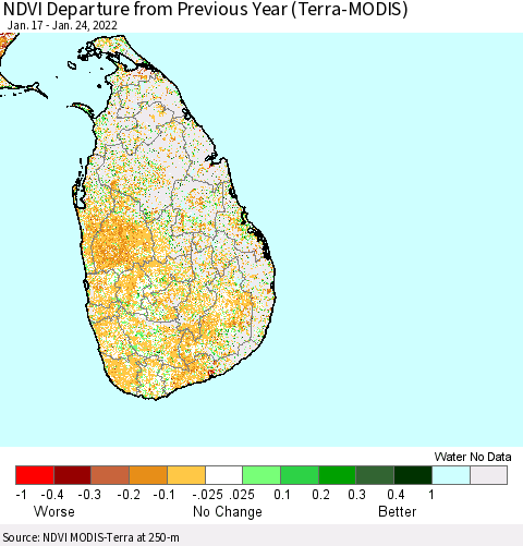 Sri Lanka NDVI Departure from Previous Year (Terra-MODIS) Thematic Map For 1/17/2022 - 1/24/2022