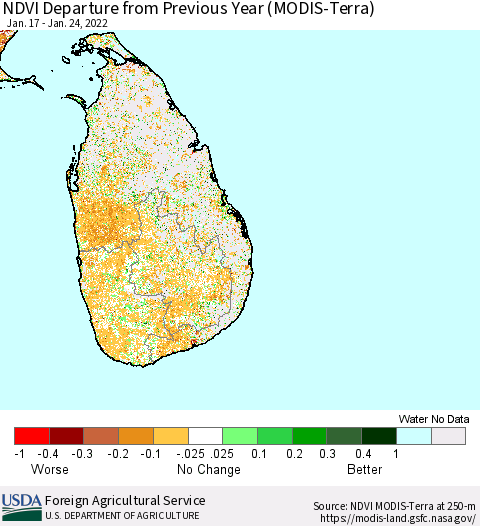 Sri Lanka NDVI Departure from Previous Year (Terra-MODIS) Thematic Map For 1/21/2022 - 1/31/2022