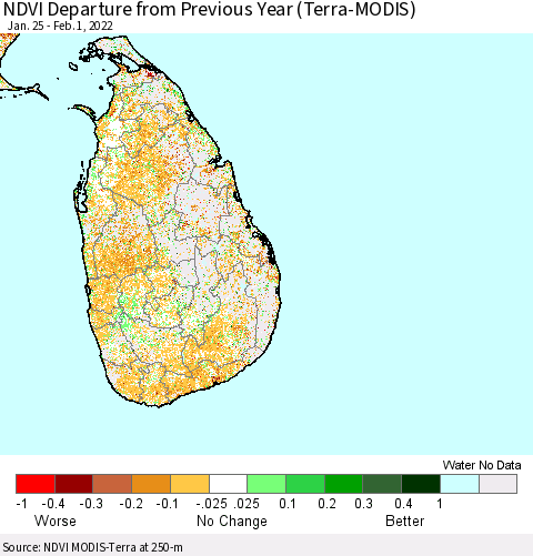Sri Lanka NDVI Departure from Previous Year (Terra-MODIS) Thematic Map For 1/25/2022 - 2/1/2022