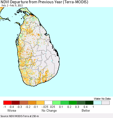 Sri Lanka NDVI Departure from Previous Year (Terra-MODIS) Thematic Map For 2/2/2022 - 2/9/2022