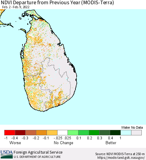 Sri Lanka NDVI Departure from Previous Year (Terra-MODIS) Thematic Map For 2/1/2022 - 2/10/2022