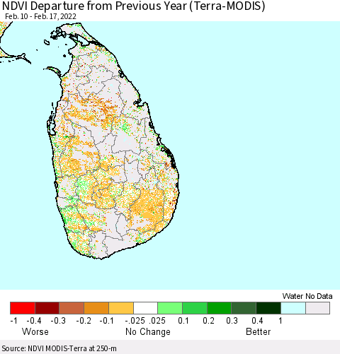 Sri Lanka NDVI Departure from Previous Year (Terra-MODIS) Thematic Map For 2/10/2022 - 2/17/2022