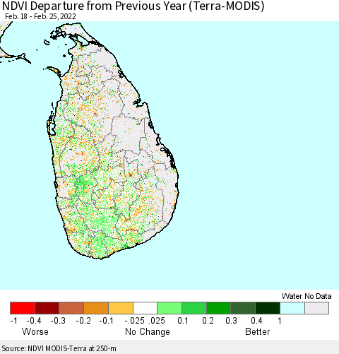 Sri Lanka NDVI Departure from Previous Year (Terra-MODIS) Thematic Map For 2/18/2022 - 2/25/2022