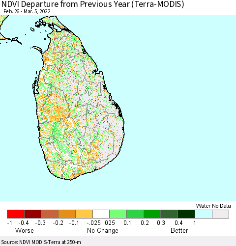Sri Lanka NDVI Departure from Previous Year (Terra-MODIS) Thematic Map For 2/26/2022 - 3/5/2022