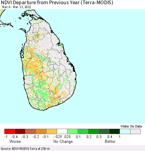 Sri Lanka NDVI Departure from Previous Year (Terra-MODIS) Thematic Map For 3/6/2022 - 3/13/2022