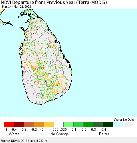 Sri Lanka NDVI Departure from Previous Year (Terra-MODIS) Thematic Map For 3/14/2022 - 3/21/2022