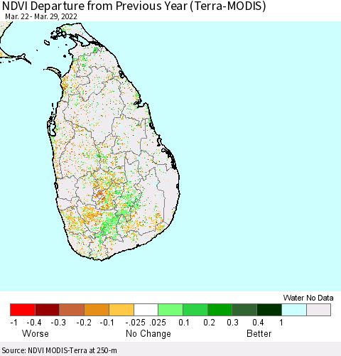 Sri Lanka NDVI Departure from Previous Year (Terra-MODIS) Thematic Map For 3/22/2022 - 3/29/2022