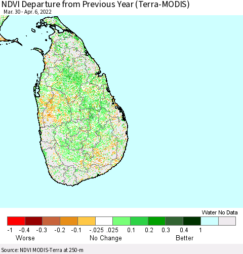 Sri Lanka NDVI Departure from Previous Year (Terra-MODIS) Thematic Map For 3/30/2022 - 4/6/2022