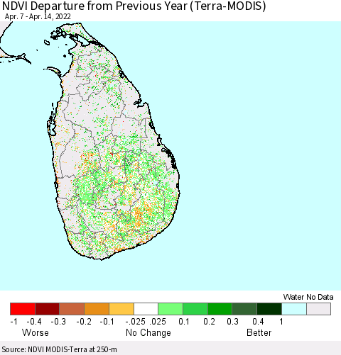Sri Lanka NDVI Departure from Previous Year (Terra-MODIS) Thematic Map For 4/7/2022 - 4/14/2022