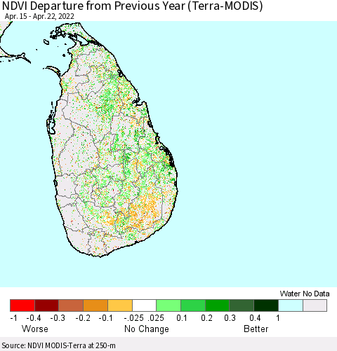 Sri Lanka NDVI Departure from Previous Year (Terra-MODIS) Thematic Map For 4/15/2022 - 4/22/2022