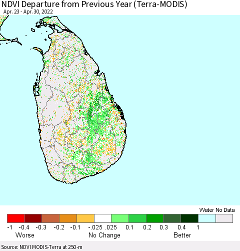 Sri Lanka NDVI Departure from Previous Year (Terra-MODIS) Thematic Map For 4/23/2022 - 4/30/2022