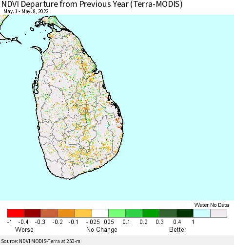 Sri Lanka NDVI Departure from Previous Year (Terra-MODIS) Thematic Map For 5/1/2022 - 5/8/2022