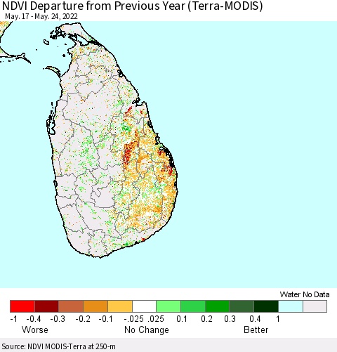Sri Lanka NDVI Departure from Previous Year (Terra-MODIS) Thematic Map For 5/17/2022 - 5/24/2022