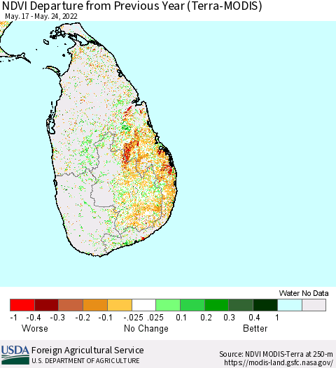 Sri Lanka NDVI Departure from Previous Year (Terra-MODIS) Thematic Map For 5/21/2022 - 5/31/2022
