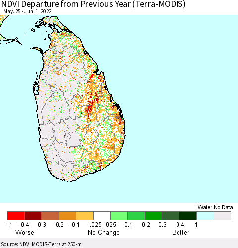 Sri Lanka NDVI Departure from Previous Year (Terra-MODIS) Thematic Map For 5/25/2022 - 6/1/2022