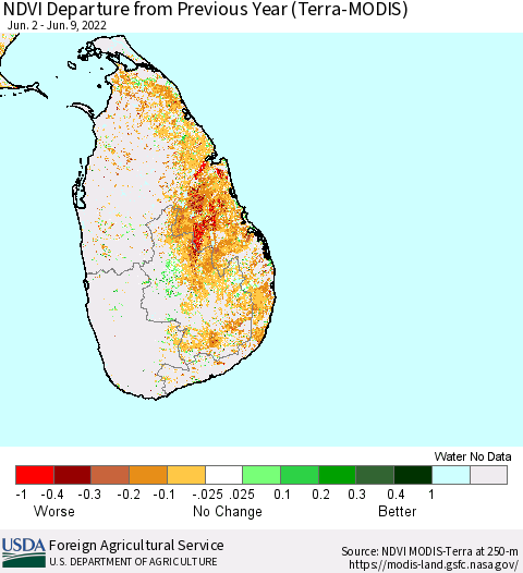 Sri Lanka NDVI Departure from Previous Year (Terra-MODIS) Thematic Map For 6/1/2022 - 6/10/2022