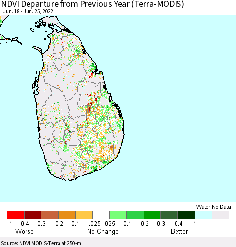 Sri Lanka NDVI Departure from Previous Year (Terra-MODIS) Thematic Map For 6/18/2022 - 6/25/2022