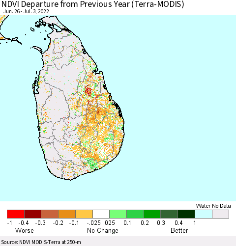 Sri Lanka NDVI Departure from Previous Year (Terra-MODIS) Thematic Map For 6/26/2022 - 7/3/2022