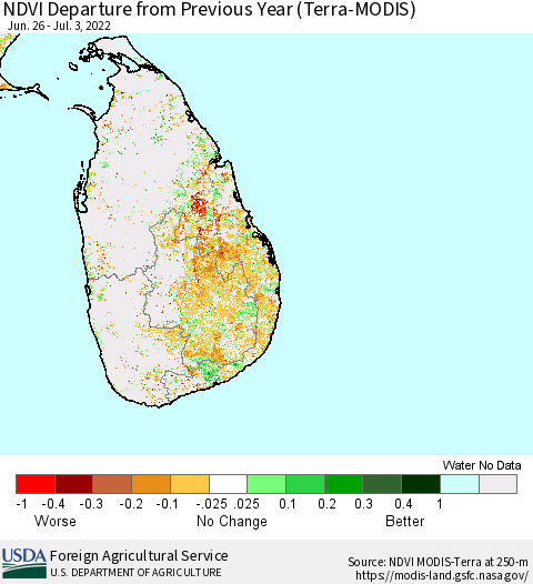 Sri Lanka NDVI Departure from Previous Year (Terra-MODIS) Thematic Map For 7/1/2022 - 7/10/2022