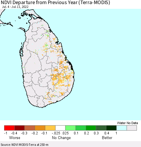 Sri Lanka NDVI Departure from Previous Year (Terra-MODIS) Thematic Map For 7/4/2022 - 7/11/2022