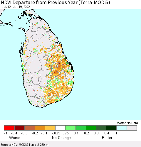Sri Lanka NDVI Departure from Previous Year (Terra-MODIS) Thematic Map For 7/12/2022 - 7/19/2022