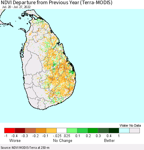 Sri Lanka NDVI Departure from Previous Year (Terra-MODIS) Thematic Map For 7/20/2022 - 7/27/2022