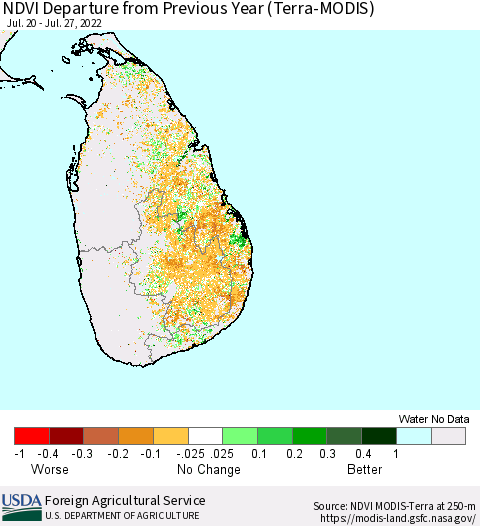 Sri Lanka NDVI Departure from Previous Year (Terra-MODIS) Thematic Map For 7/21/2022 - 7/31/2022