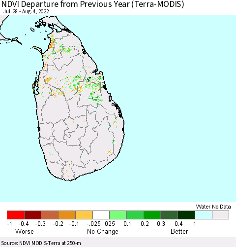 Sri Lanka NDVI Departure from Previous Year (Terra-MODIS) Thematic Map For 7/28/2022 - 8/4/2022