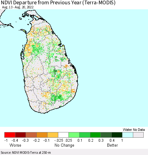 Sri Lanka NDVI Departure from Previous Year (Terra-MODIS) Thematic Map For 8/11/2022 - 8/20/2022