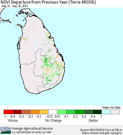 Sri Lanka NDVI Departure from Previous Year (Terra-MODIS) Thematic Map For 8/21/2022 - 8/31/2022