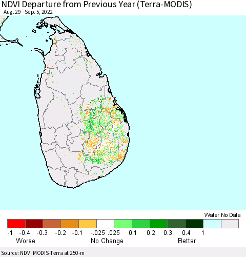 Sri Lanka NDVI Departure from Previous Year (Terra-MODIS) Thematic Map For 8/29/2022 - 9/5/2022
