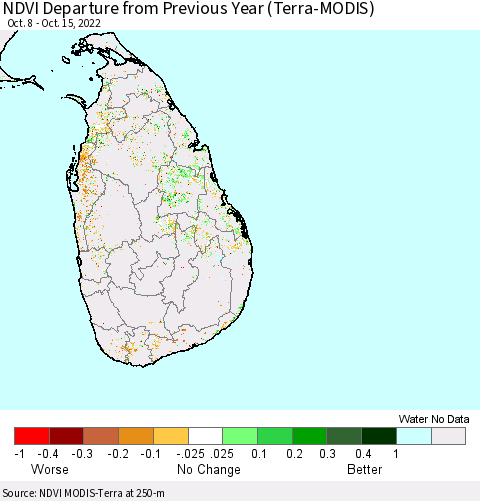 Sri Lanka NDVI Departure from Previous Year (Terra-MODIS) Thematic Map For 10/8/2022 - 10/15/2022