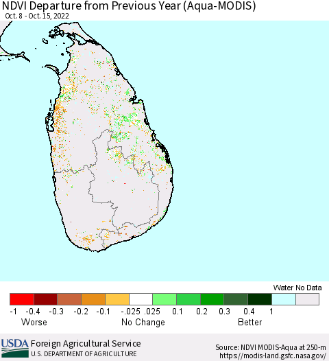 Sri Lanka NDVI Departure from Previous Year (Terra-MODIS) Thematic Map For 10/11/2022 - 10/20/2022
