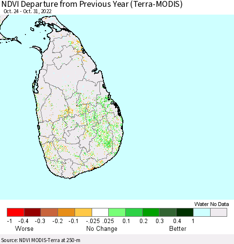 Sri Lanka NDVI Departure from Previous Year (Terra-MODIS) Thematic Map For 10/21/2022 - 10/31/2022