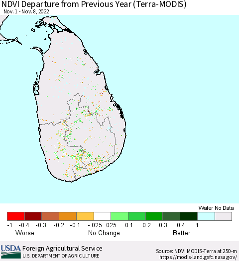 Sri Lanka NDVI Departure from Previous Year (Terra-MODIS) Thematic Map For 11/1/2022 - 11/10/2022
