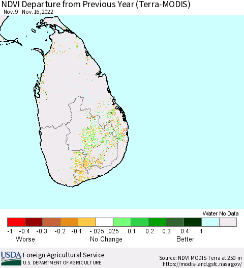 Sri Lanka NDVI Departure from Previous Year (Terra-MODIS) Thematic Map For 11/11/2022 - 11/20/2022