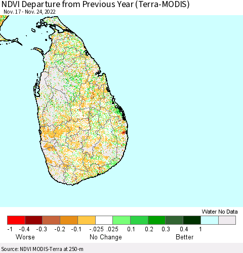 Sri Lanka NDVI Departure from Previous Year (Terra-MODIS) Thematic Map For 11/17/2022 - 11/24/2022