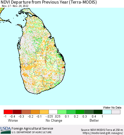 Sri Lanka NDVI Departure from Previous Year (Terra-MODIS) Thematic Map For 11/21/2022 - 11/30/2022