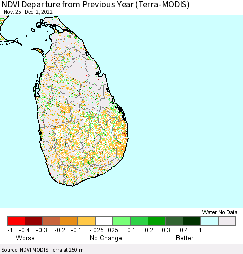 Sri Lanka NDVI Departure from Previous Year (Terra-MODIS) Thematic Map For 11/25/2022 - 12/2/2022