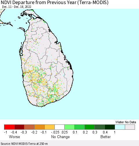 Sri Lanka NDVI Departure from Previous Year (Terra-MODIS) Thematic Map For 12/11/2022 - 12/18/2022
